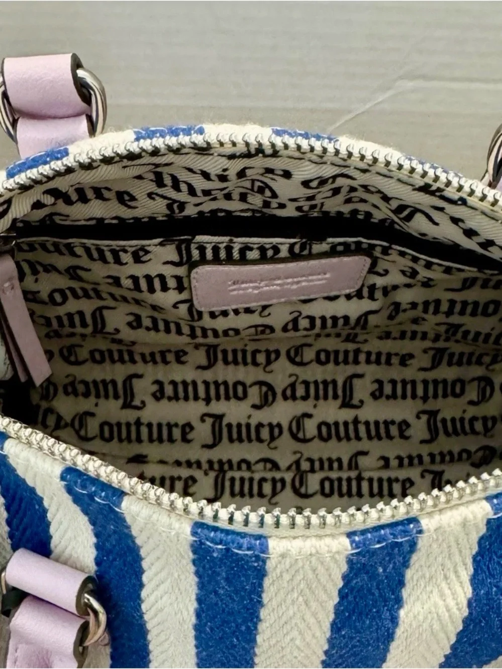 Juicy Couture Blue & Pink Striped Satchel with Heart Charm